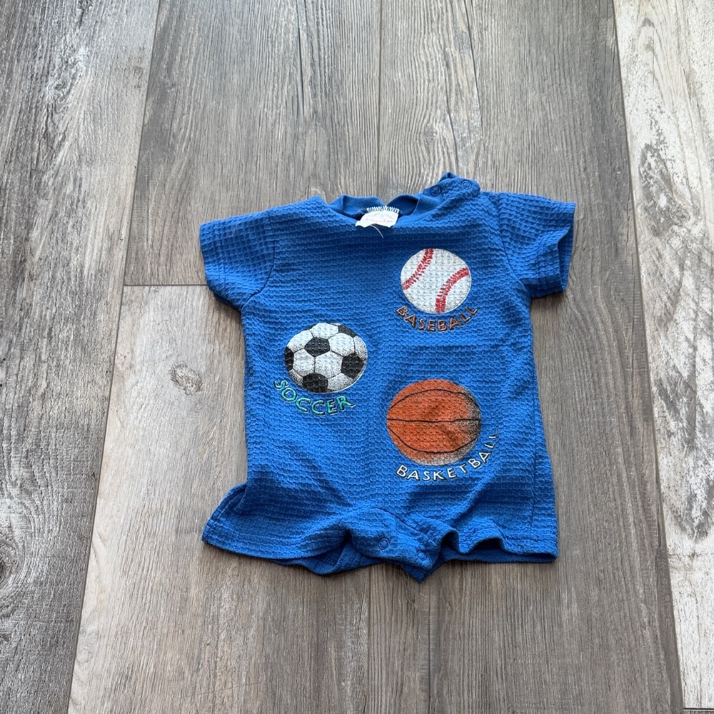Snugabye Blue Baby Romper with‎ Sports Ball Appliqués